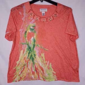 Alfred Dunner Top 1X Red Parrot Floral Tropical Studded